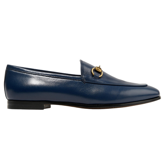 Gucci New Jordaan Blue Leather GG Logo Horsebit Loafer Mule Slipper Flat 35